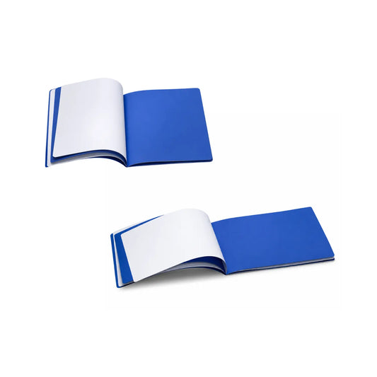 Portrait and landscape astronomy main lesson books open to alternating white and dark blue pages