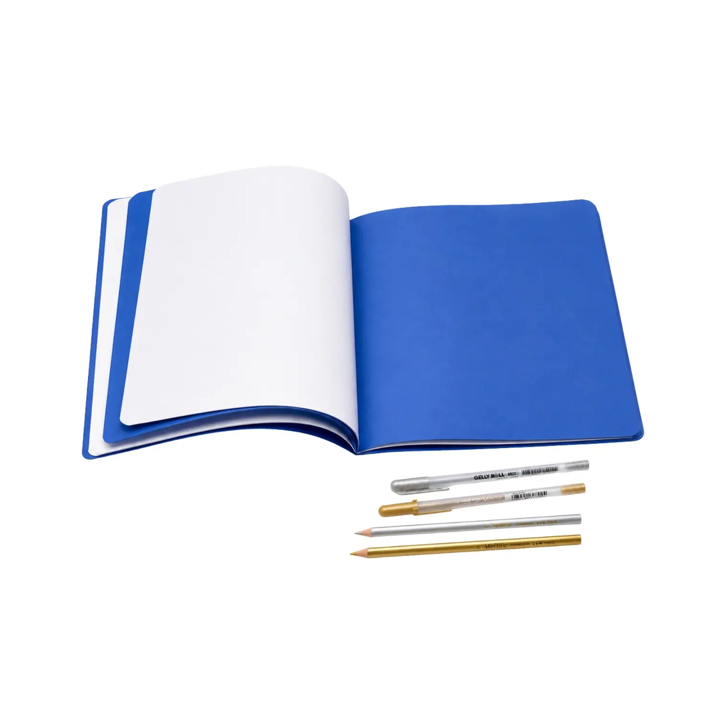 Portrait astronomy main lesson book open to alternating white and dark blue pages with pens and pencils