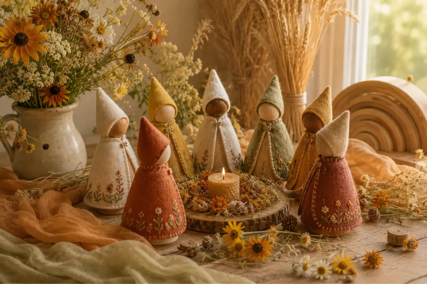 A styled collection of handmade, cone-shaped fabric dolls with pointed hats and floral embroidery, arranged on a rustic wooden table with dried flowers, a candle, and a ceramic pitcher in a warm, cozy setting.