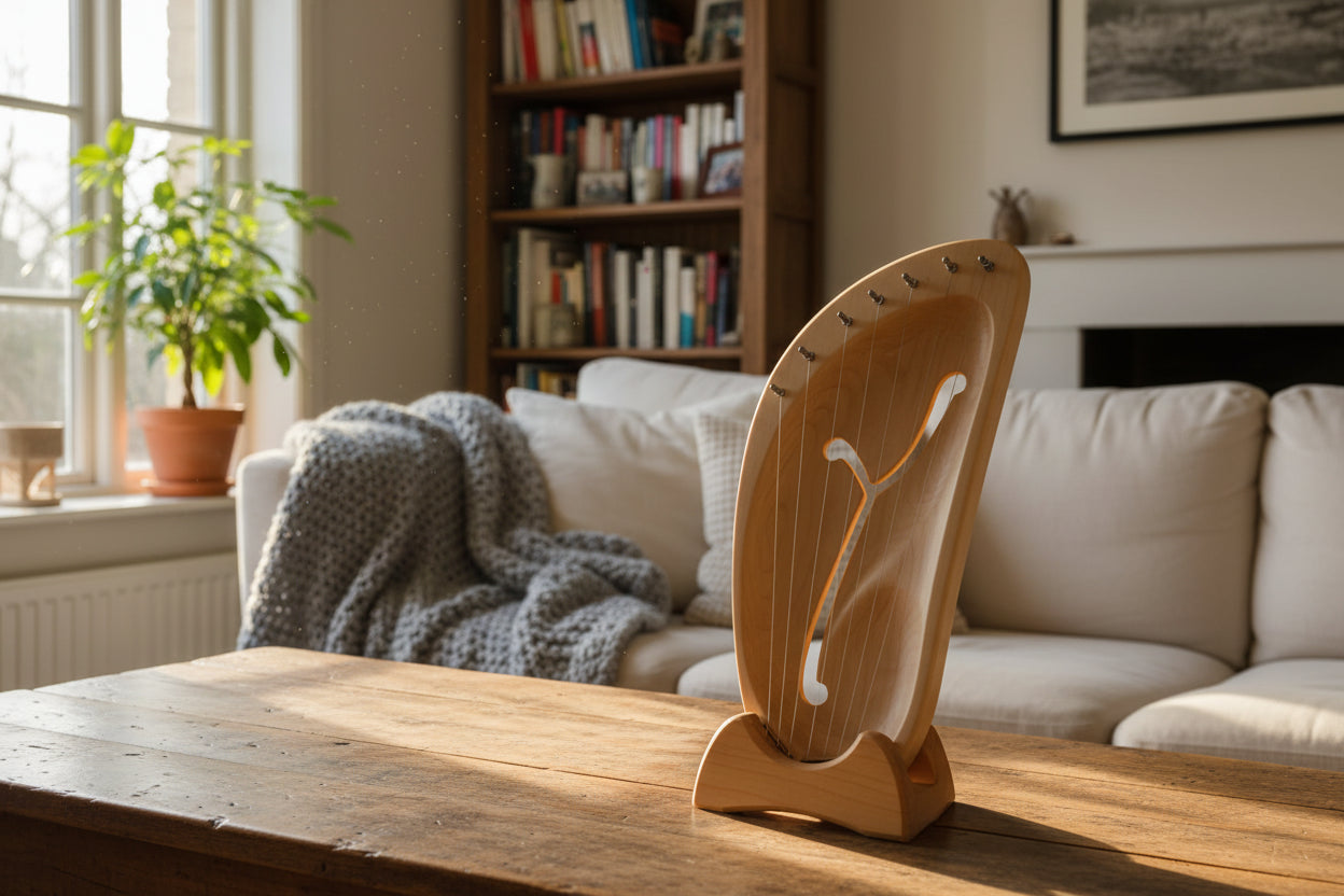 An Auris left curved pentatonic lyre in a stand on a table in the living room in front of a sofa