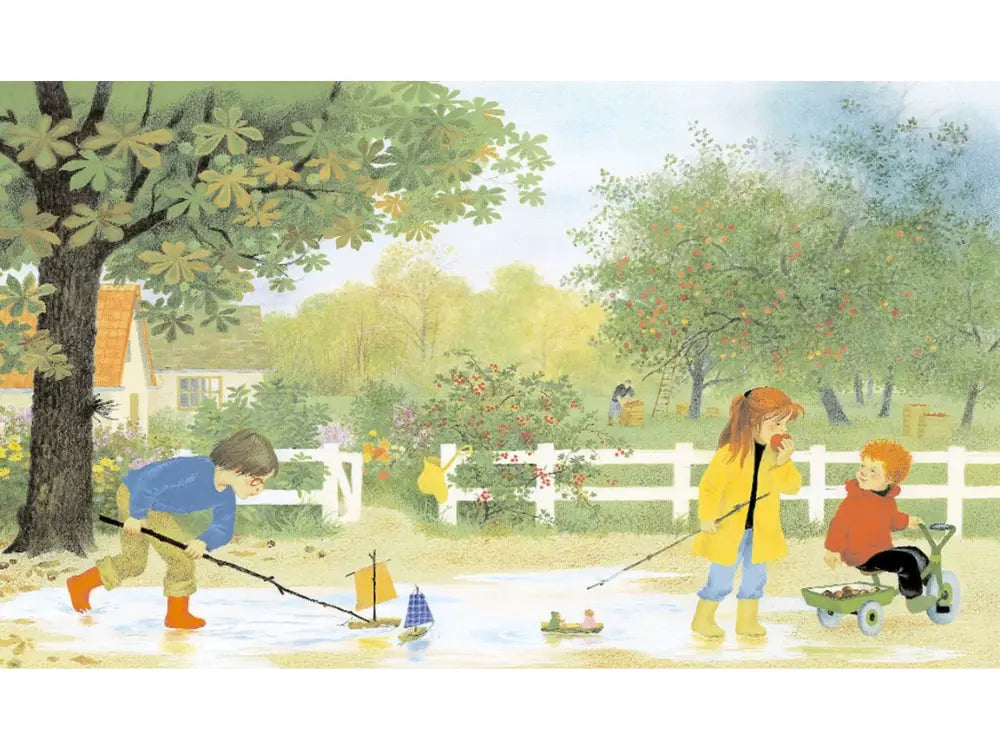 Children playing with toy boats on a pond in a garden setting.