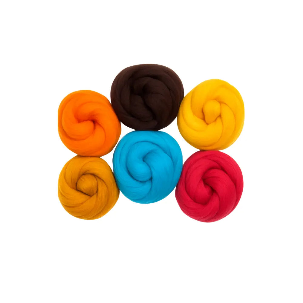 Corriedale wool top color bundle in six bright colors red, yellow, turquoise, orange, coral, brown