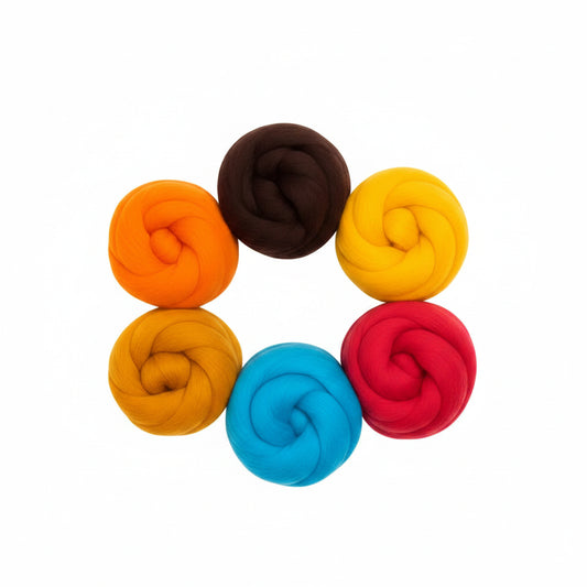 Six colorful yarn balls in orange, brown, yellow, blue, red, and green on a white background.