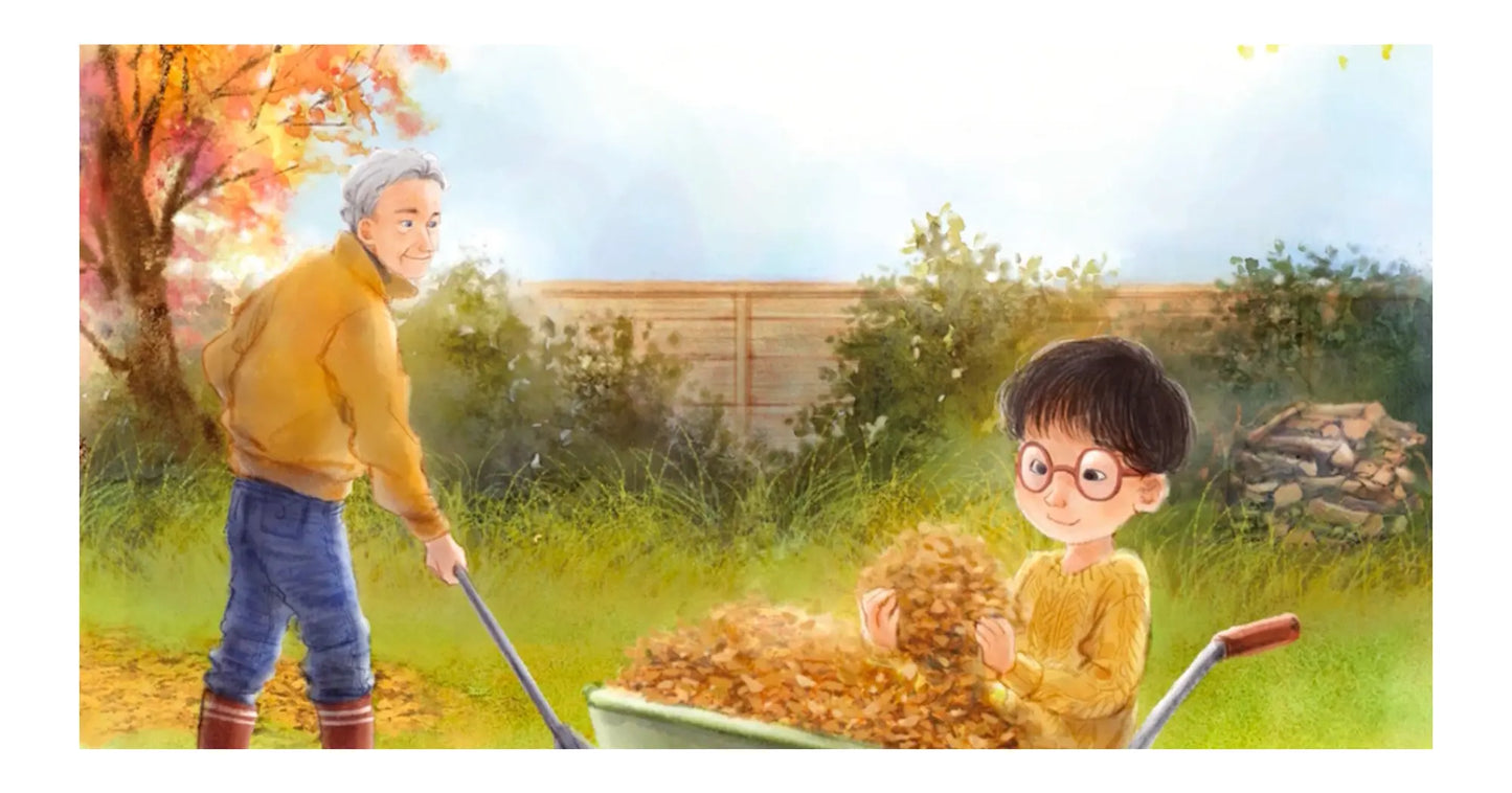 An autumn illustration from The Bumblebee Garden of a child and a grandfather cleaning up fall leaves