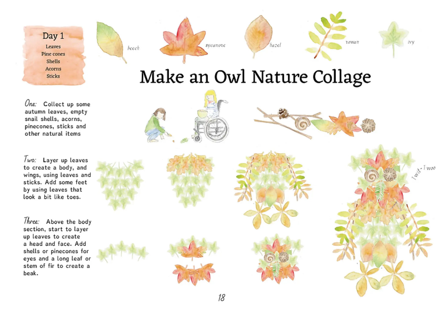 Instructions for making an owl nature collage with colored leaves and natural items.