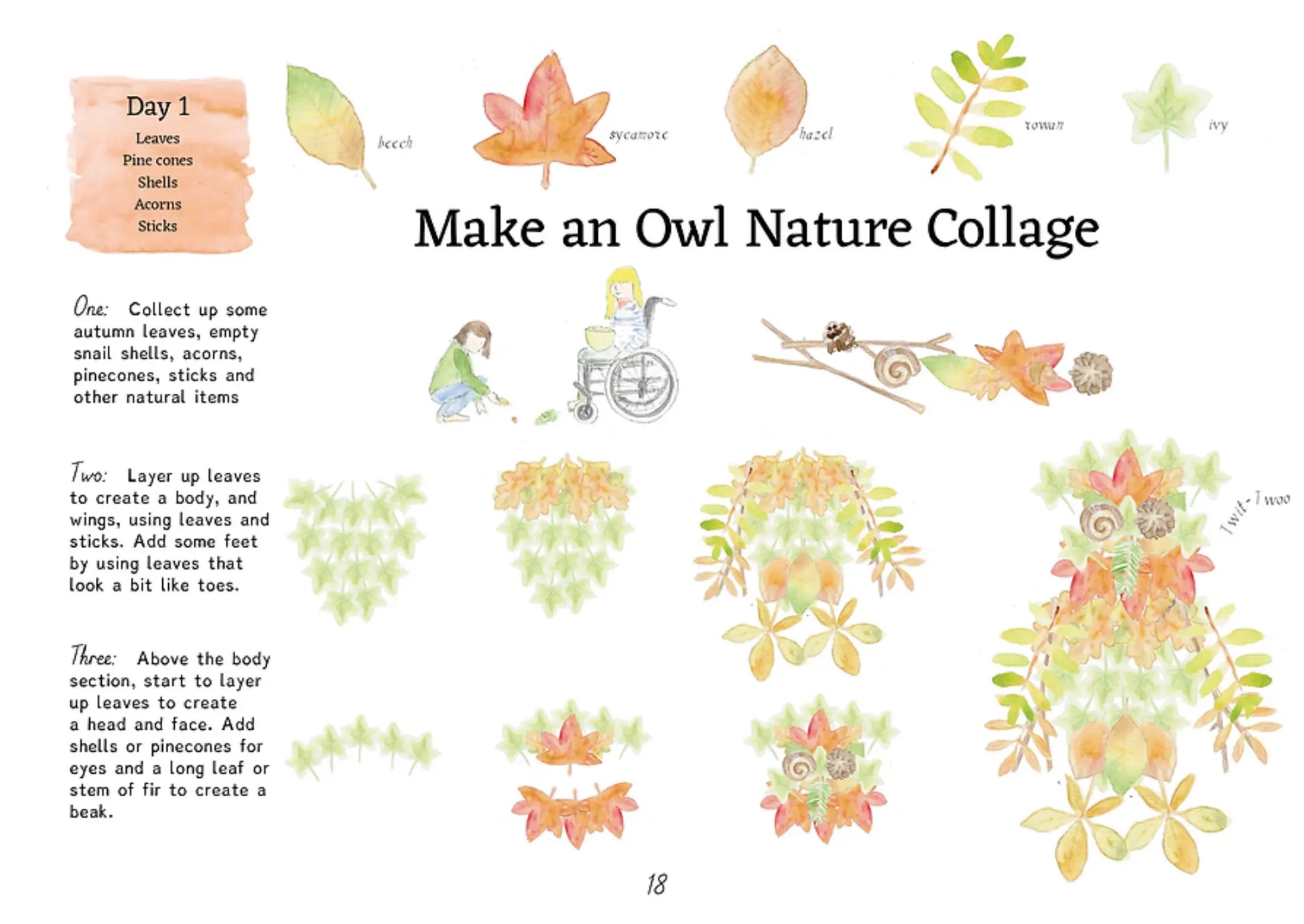 Instructions for making an owl nature collage with colored leaves and natural items.