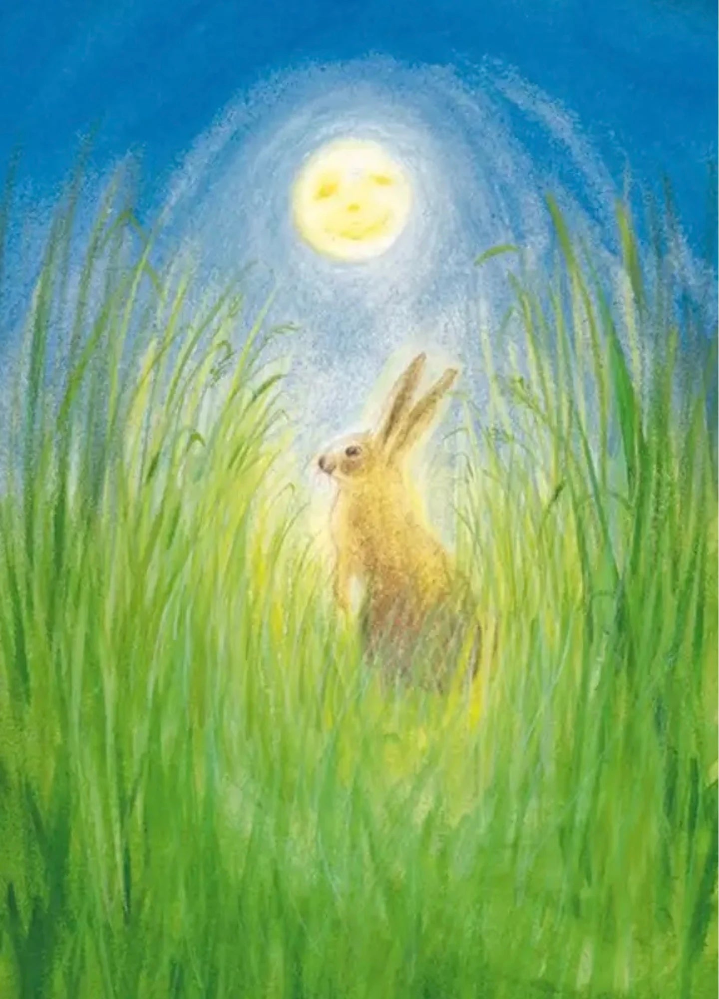 Hare and Moon Autumn postcard with hare sitting in green grass beneath a full moon