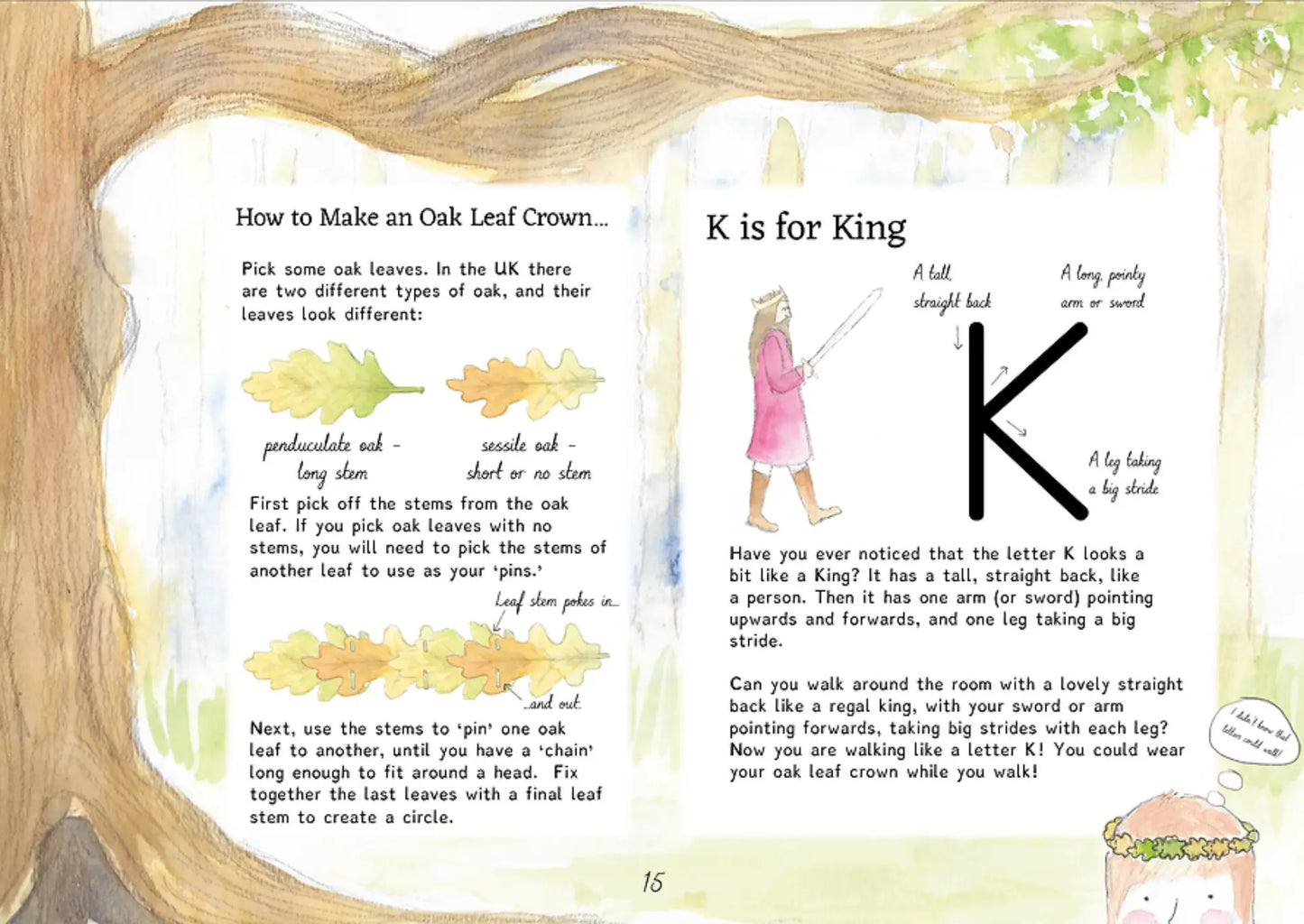Page from a children's  nature magazine with text and illustrations about making an oak leaf crown and introducing the letter 'K'.