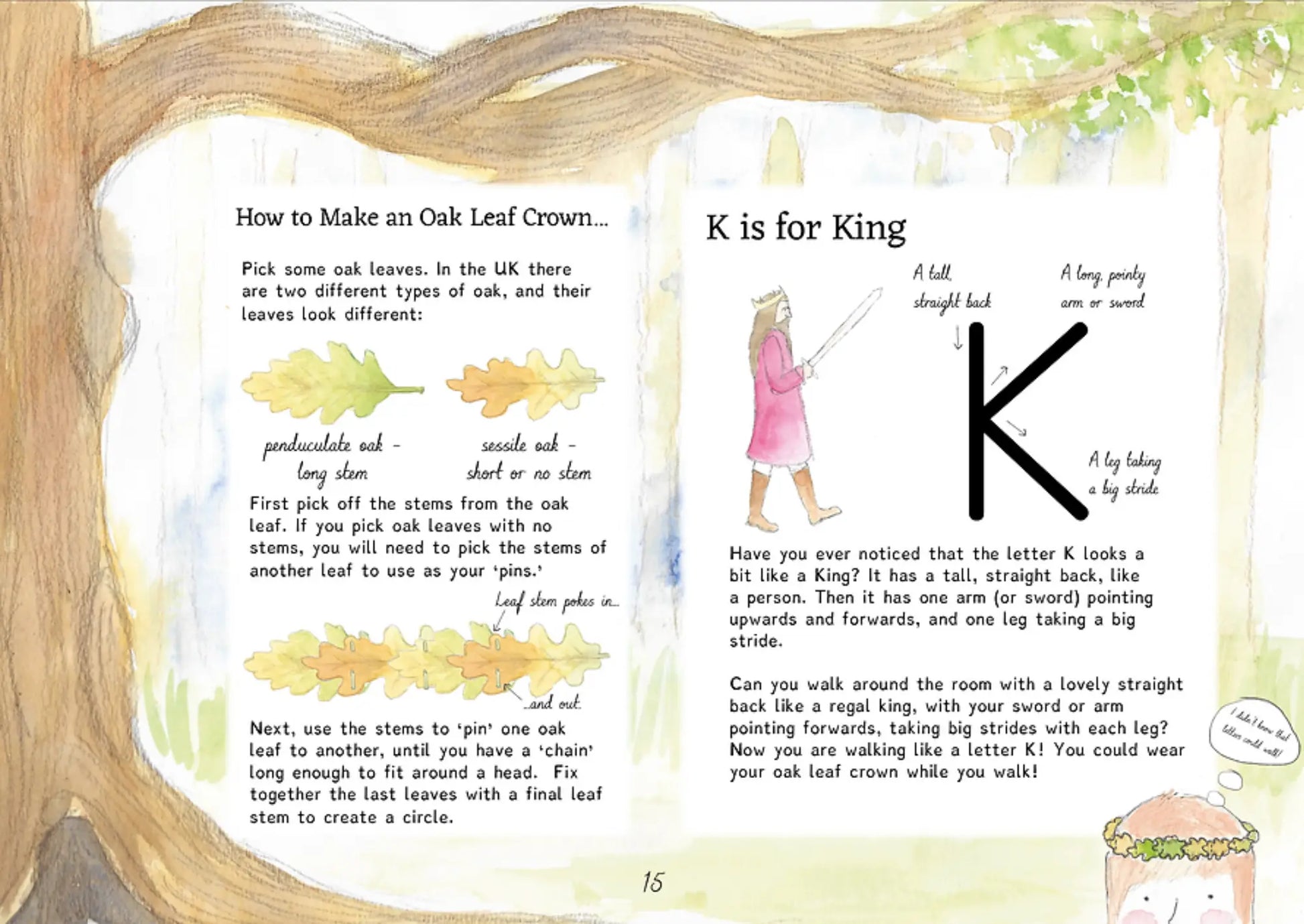 Page from a children's  nature magazine with text and illustrations about making an oak leaf crown and introducing the letter 'K'.
