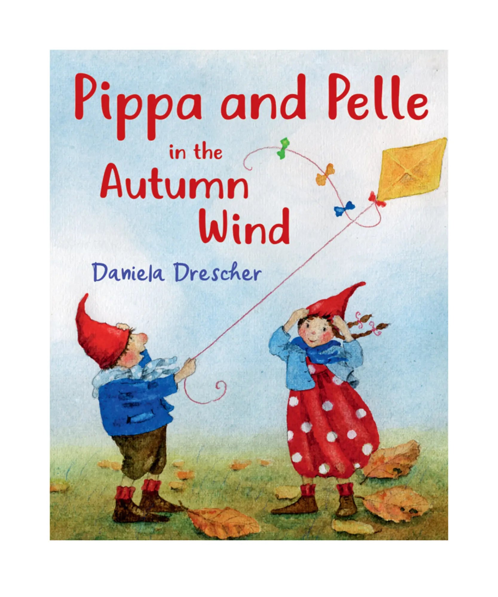 Book cover of 'Pippa and Pelle in the Autumn Wind' with two children flying a kite.