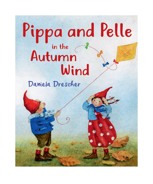 Book cover of 'Pippa and Pelle in the Autumn Wind' with two children flying a kite.