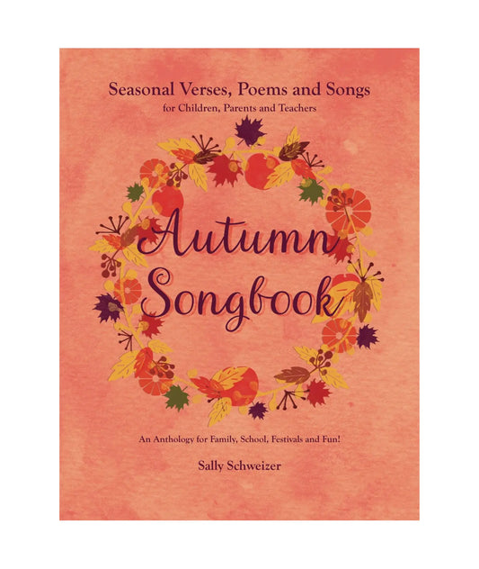 Book cover of Autumn Waldorf Songs and Verses in medium and dark peach with a wreath of autumn leaves