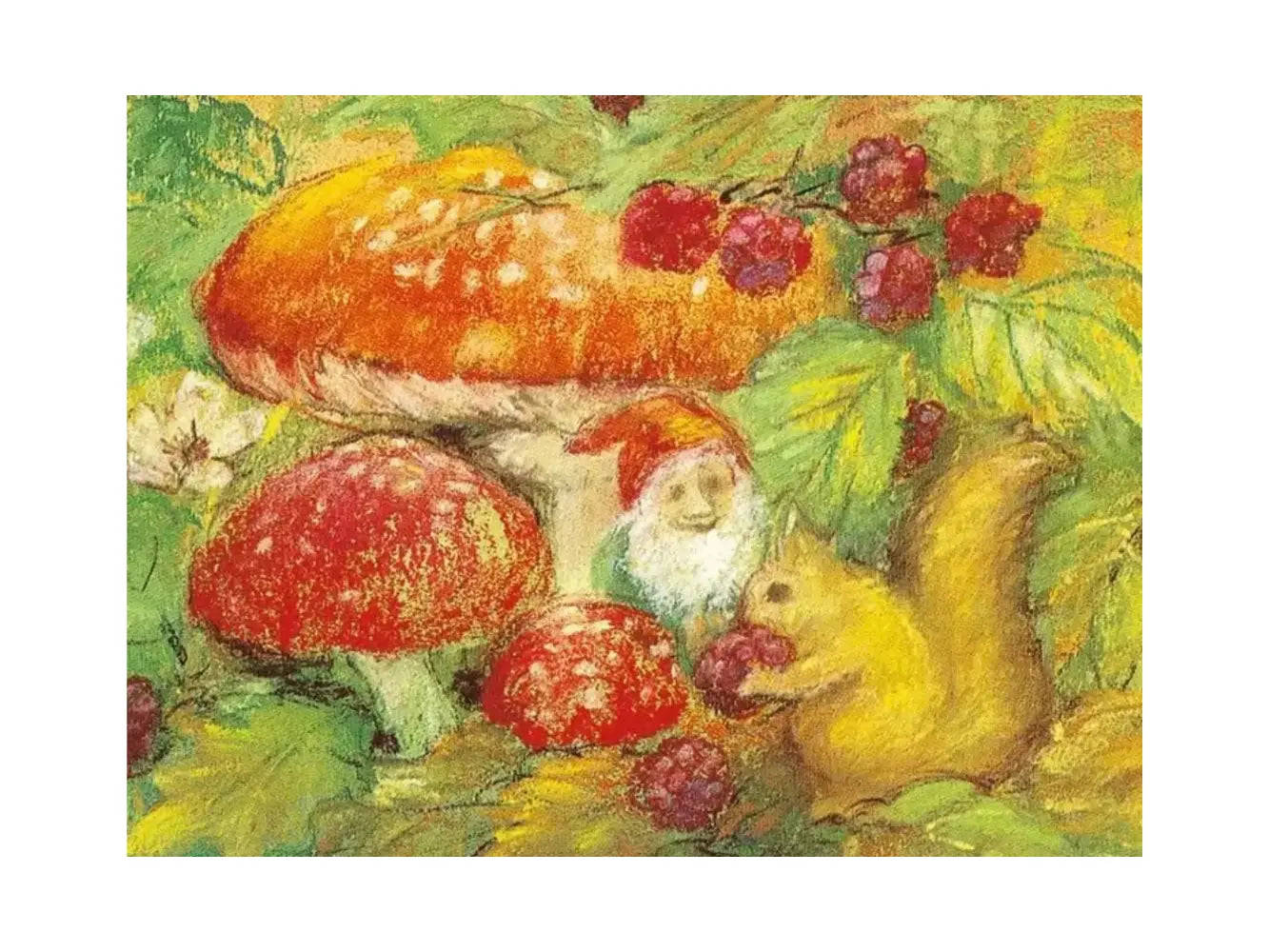 Autumn Squirrel with Gnome postcard by Marjan van Zeyl featuring a gnome, squirrel, mushrooms, and blackberries