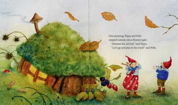 Illustration of two gnomes near a mushroom house with autumn leaves and text.