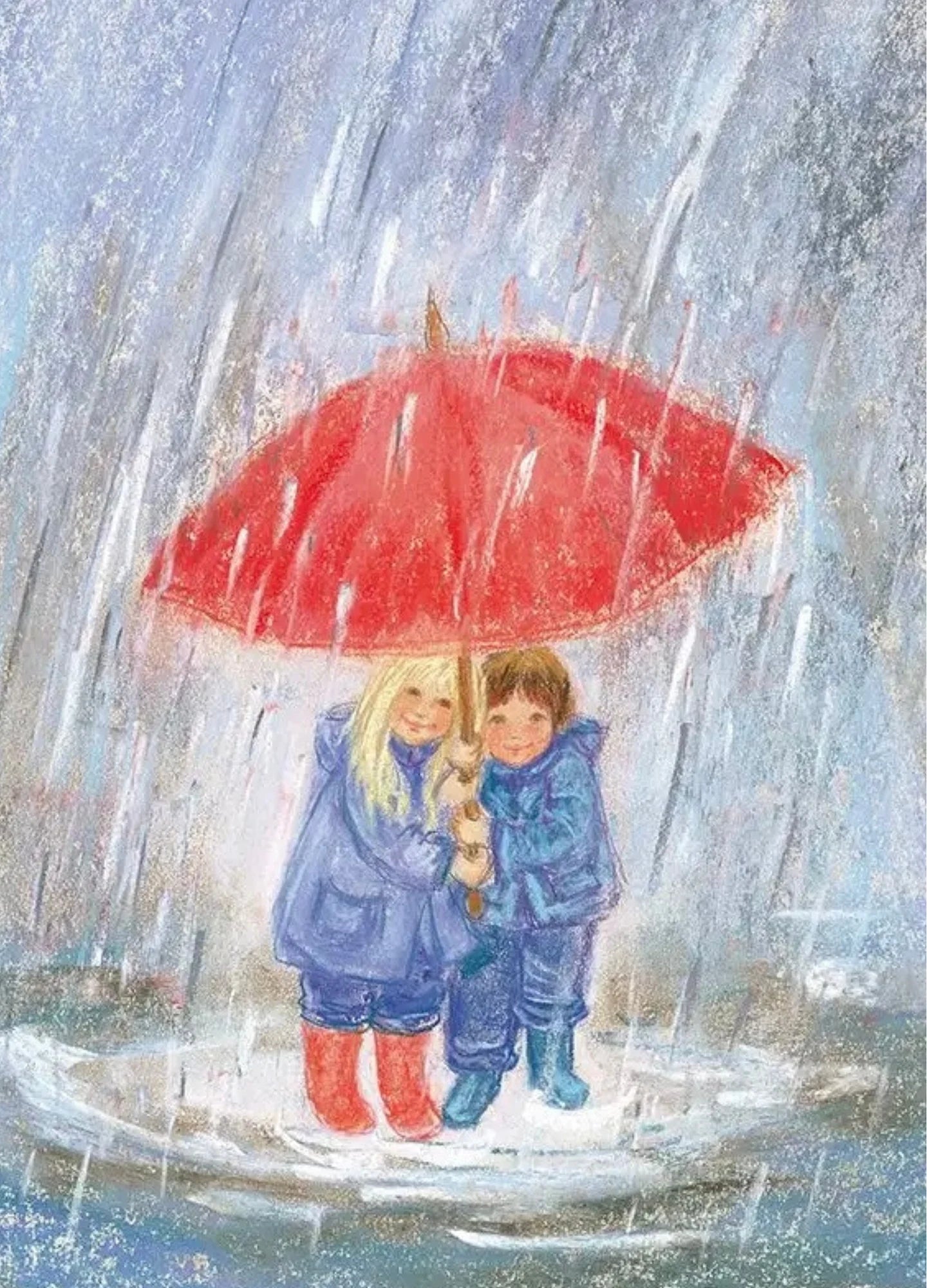 Two children in blue rain gear under a red umbrella in the falling rain