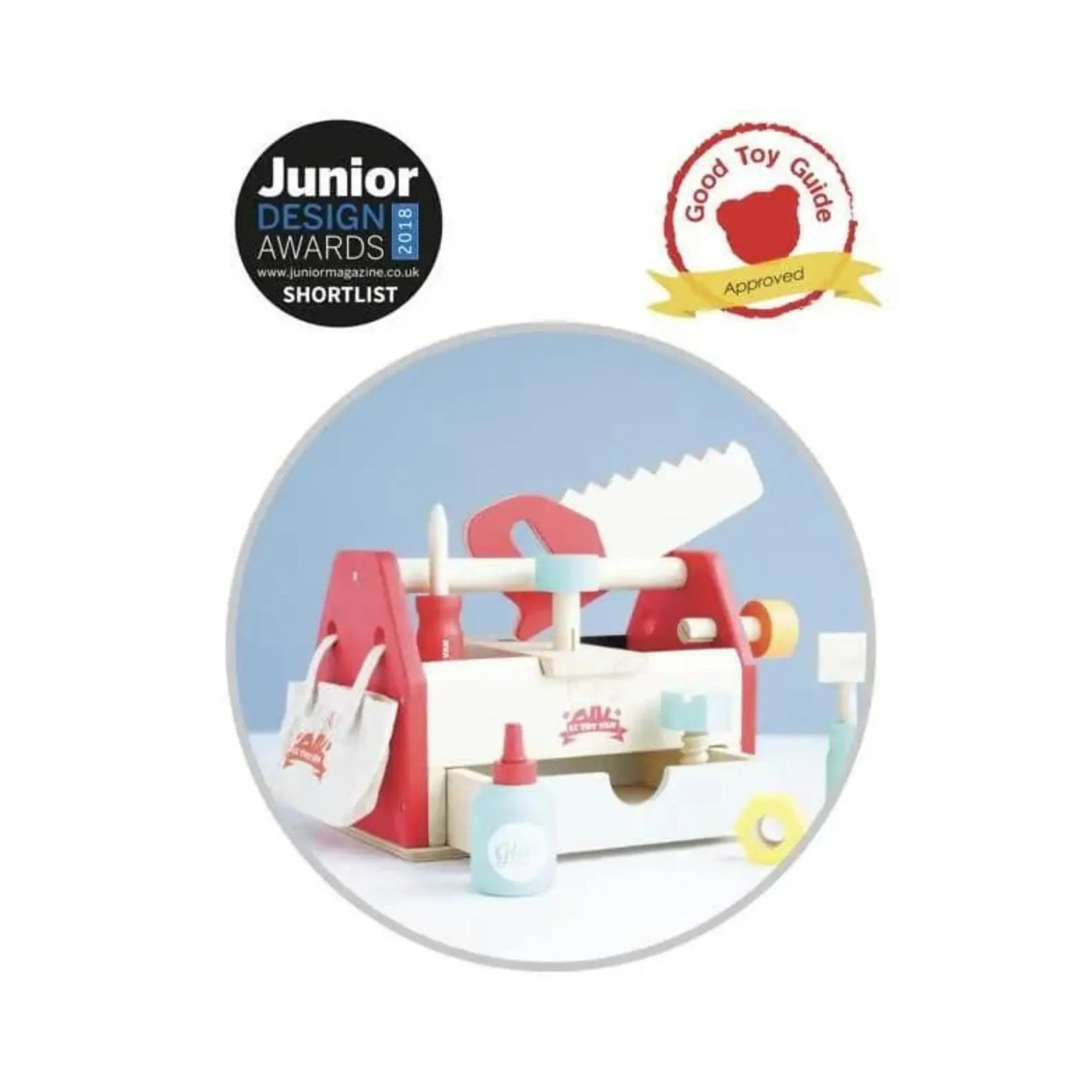 Toy packaging with a toy store model and certification logos on a white background