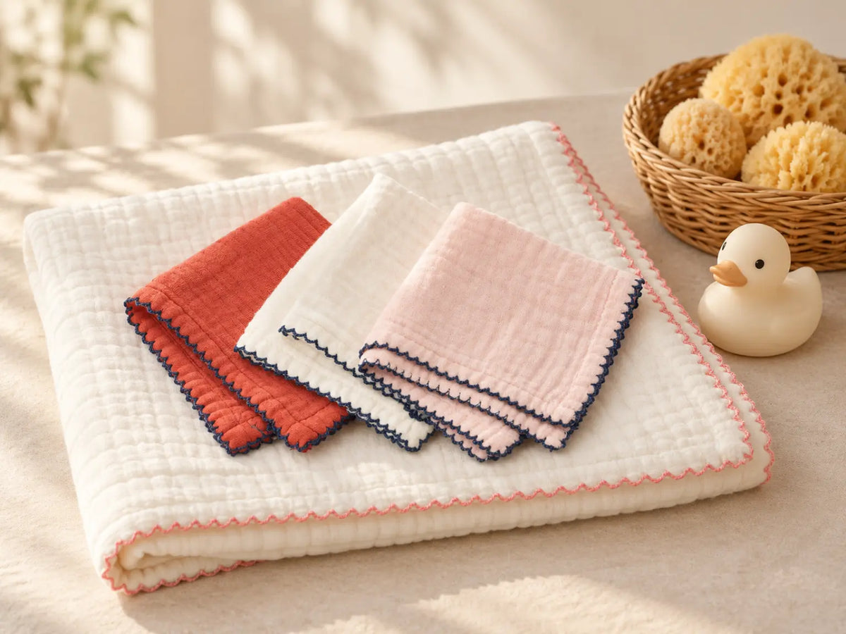 Babette baby bath gift set with three cotton washcloths and thick plush white wrap with apricot pink trim