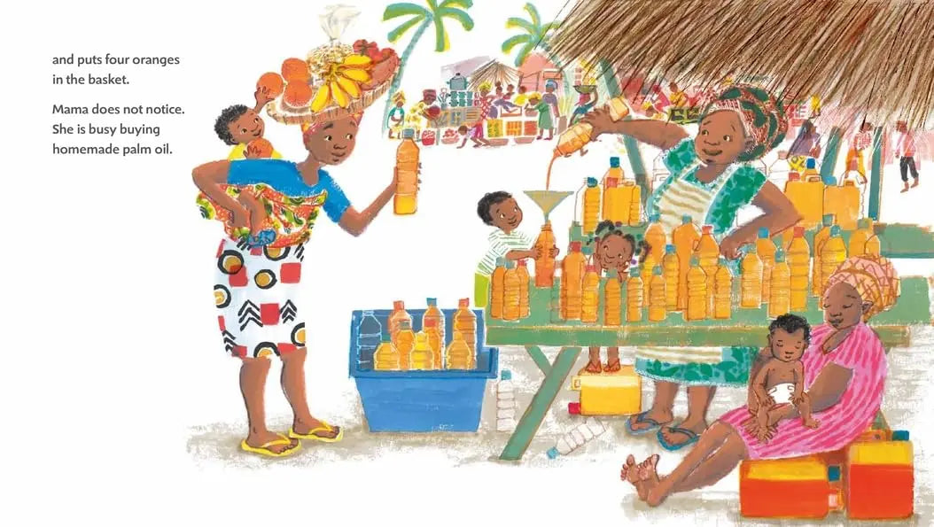 Illustration of a lively street scene with people selling oranges and palm oil.