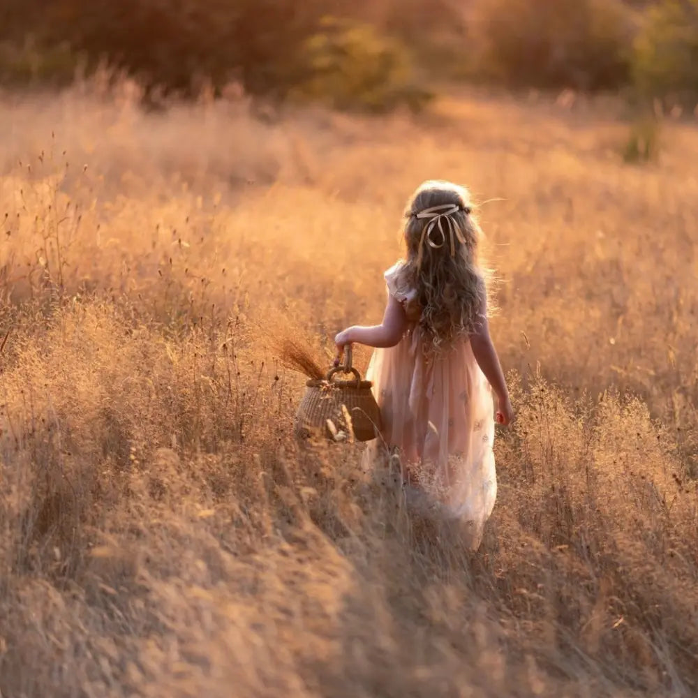 Young girl in a white dress walking through tall golden grass with a lantern.