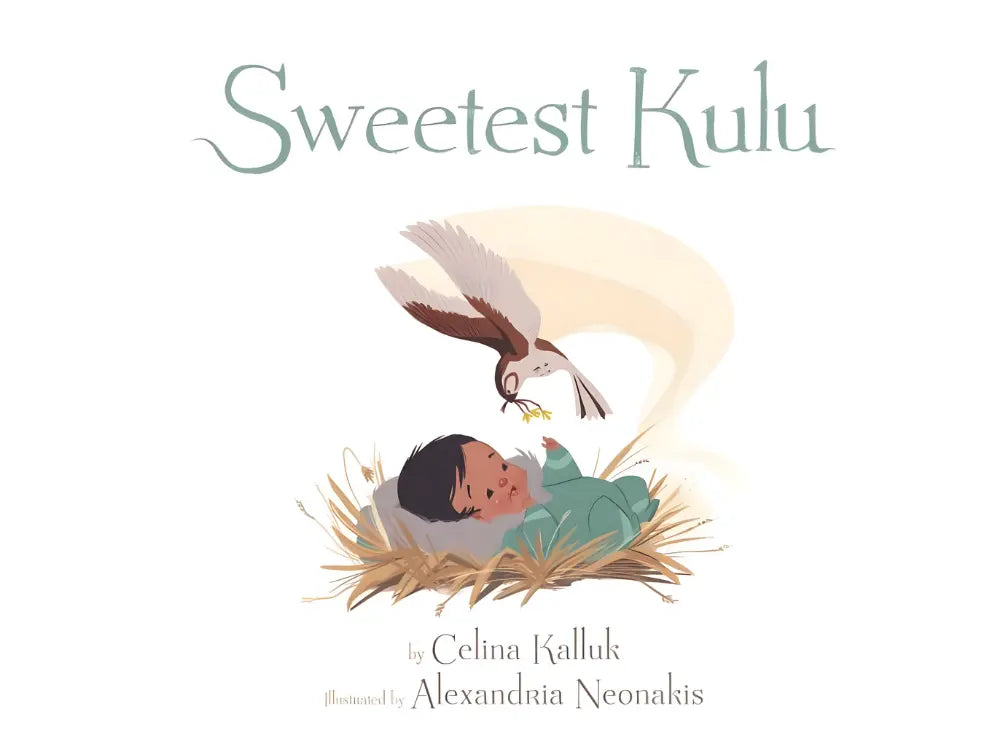 Introductory page of 'Sweetest Kulu' with a baby in a nest and a bird, on a light background.