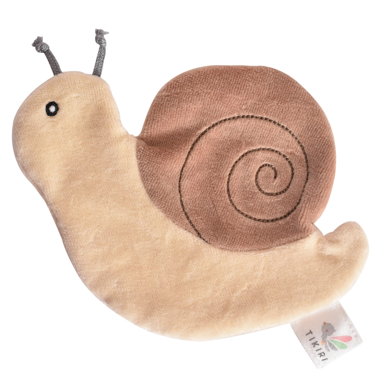 Tikiri Scrunchies tan and brown snail sensory toy on white background