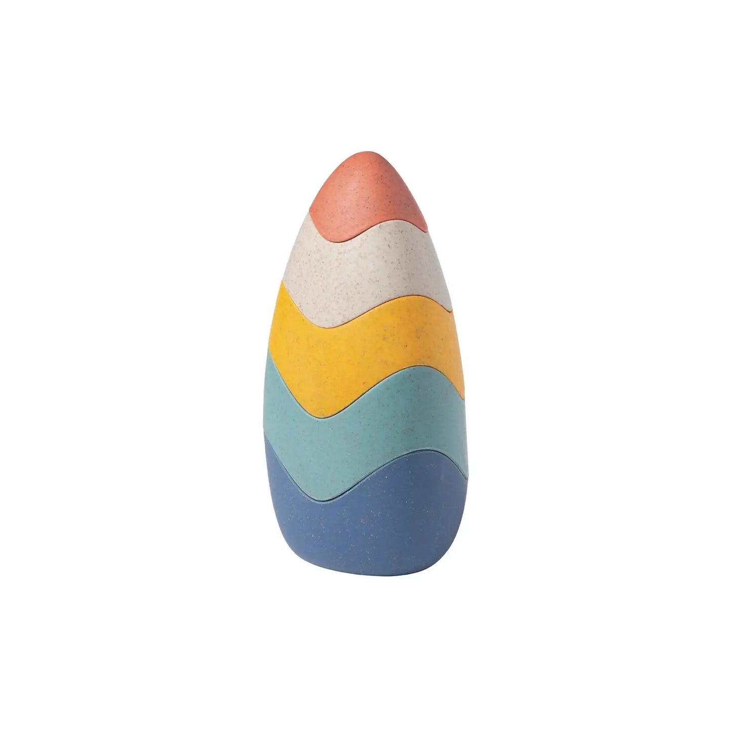 Colorful egg-shaped nesting toy with a gradient of red, yellow, blue, and green on a white background.