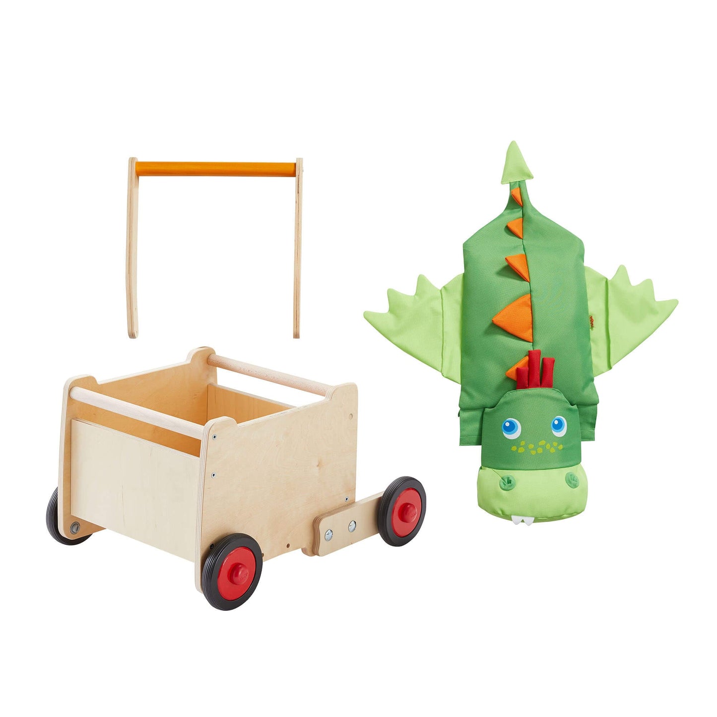 Wooden toy cart with red wheels and a green dinosaur plush toy on a white background