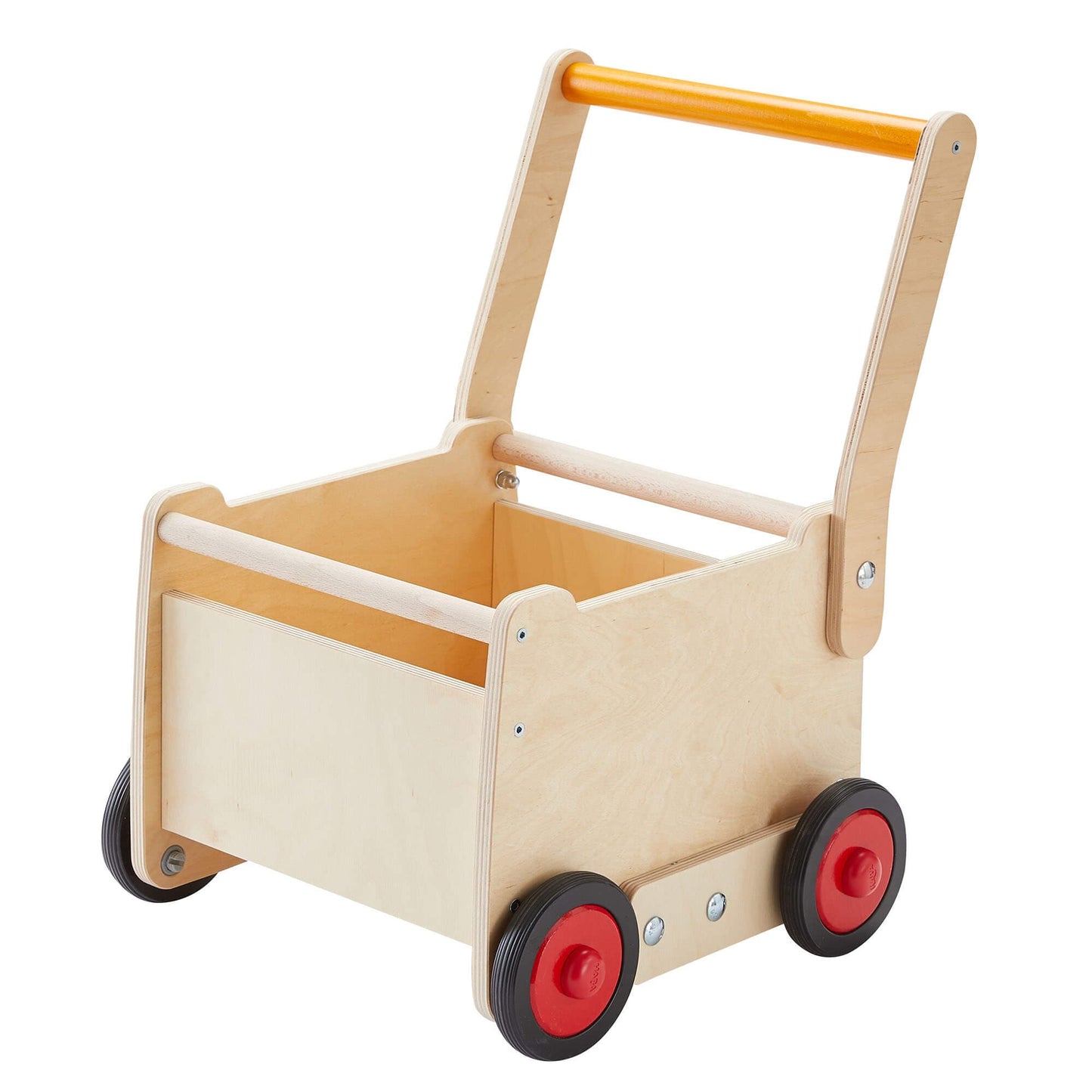 Wooden children's push cart with red wheels on a white background