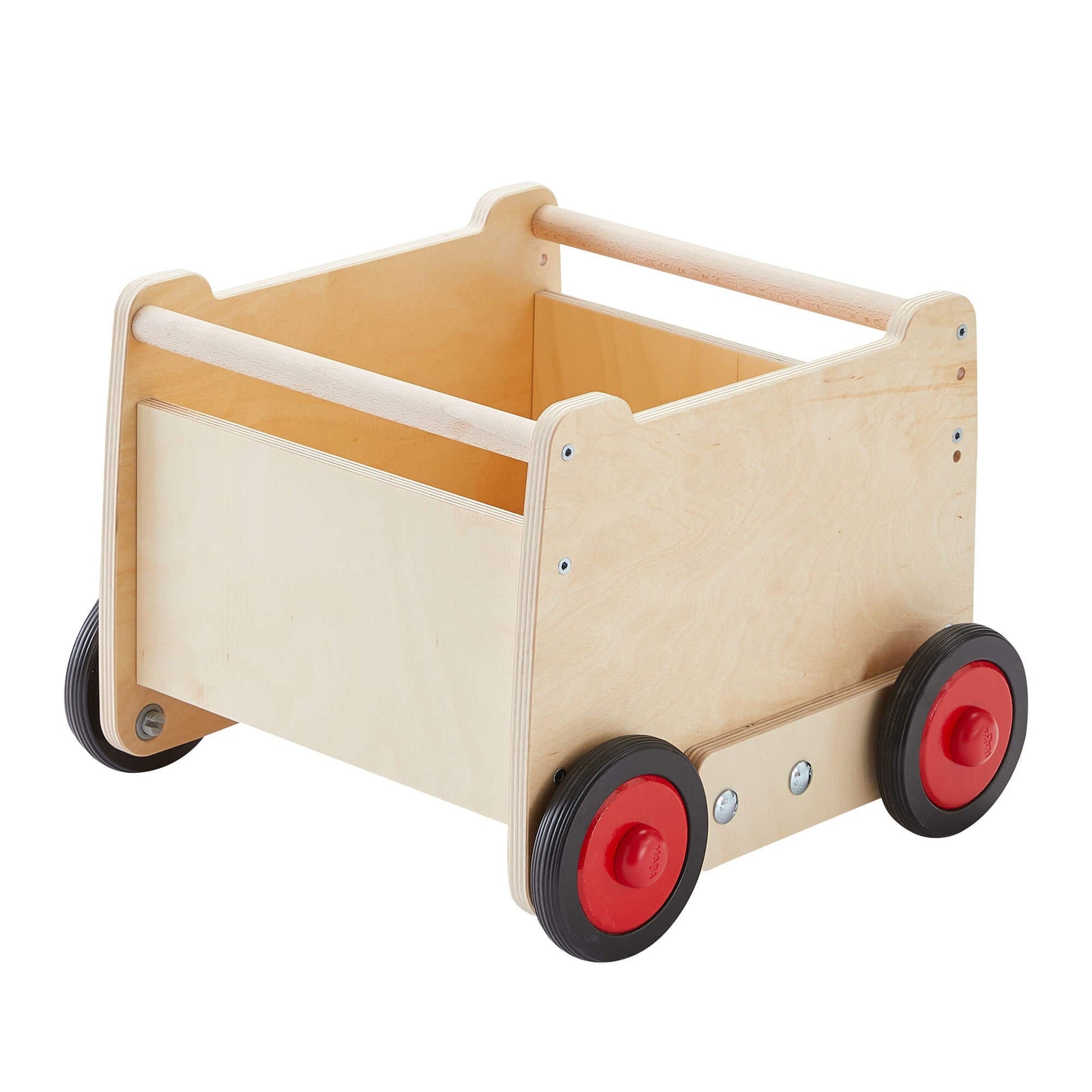 Wooden toy cart with red wheels on a white background