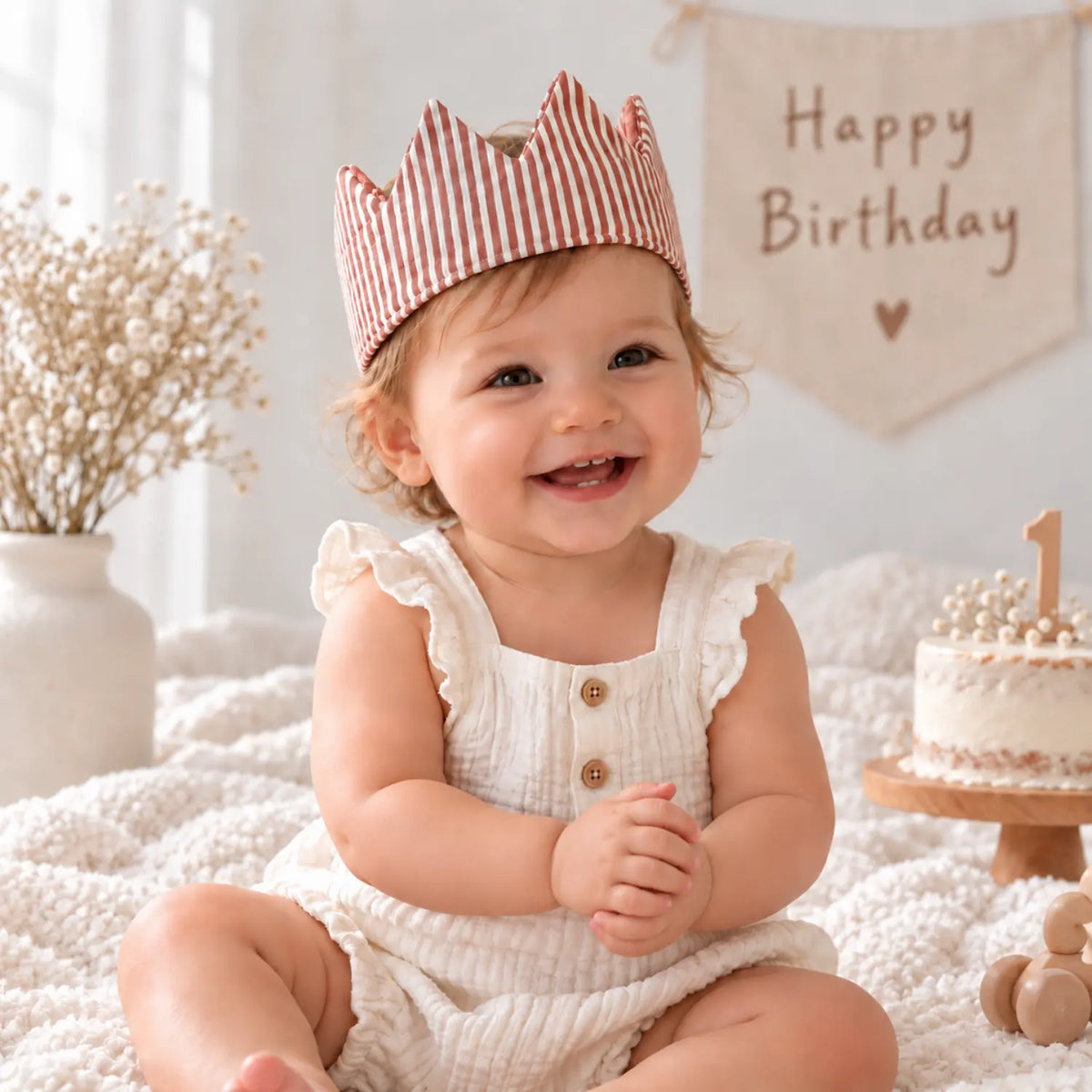 One-year-old child wearing a red striped linen crown for a first birthday celebration