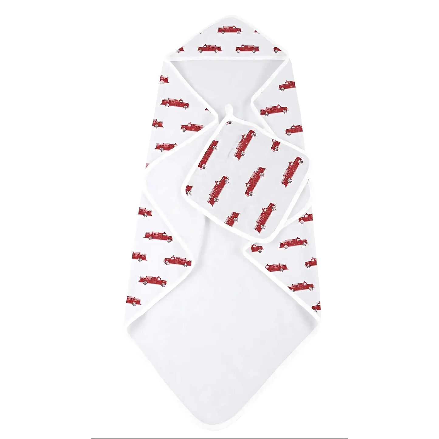 White terry cotton hooded toddler towel with red fire truck pattern on a white background