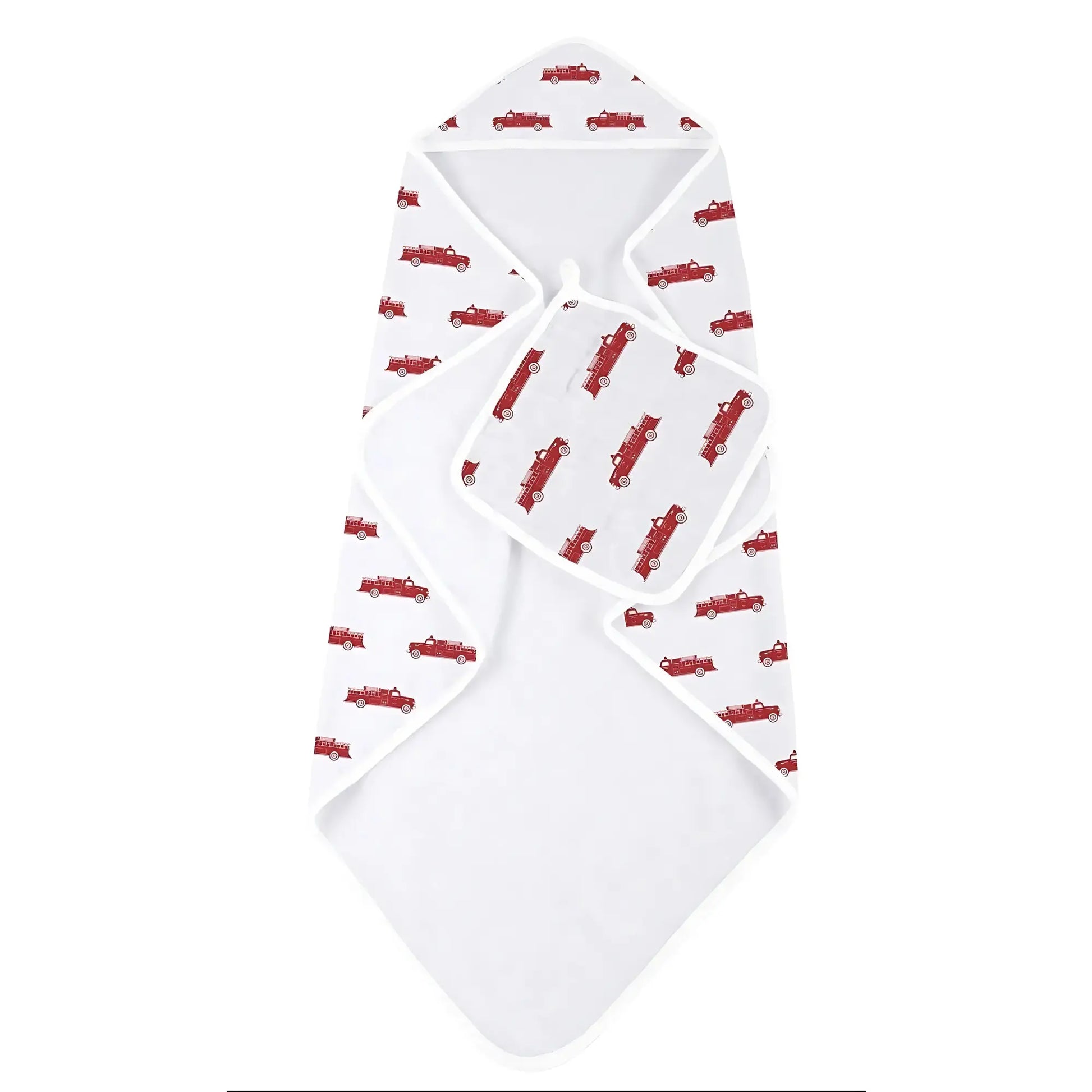 White terry cotton hooded toddler towel with red fire truck pattern on a white background