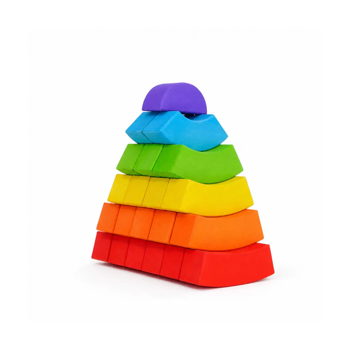 BAJO rainbow curved blocks stacked into a colorful pyramid-shaped balancing sculpture