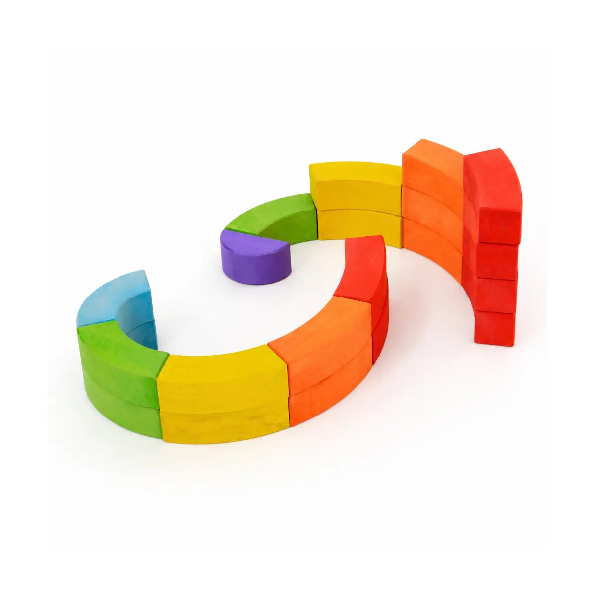 Colorful BAJO curved wooden blocks arranged into an open spiral for creative building play