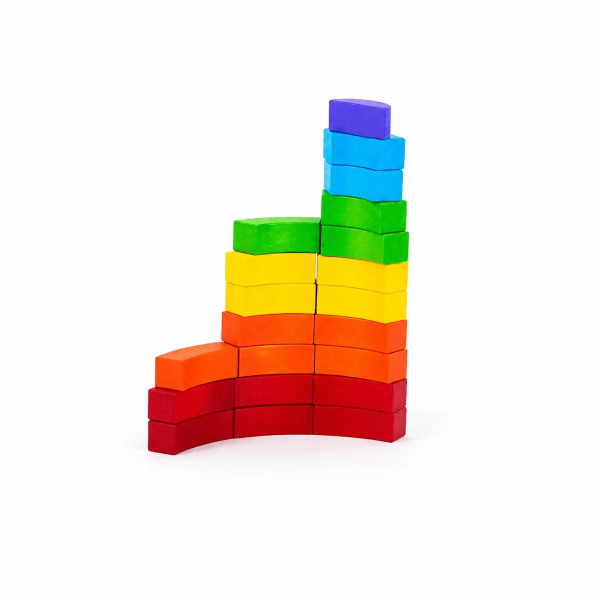 BAJO rainbow curved blocks stacked into a stepped tower showing color and size progression