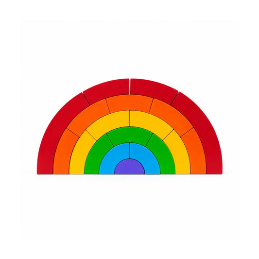 Complete 21-piece BAJO wooden rainbow block set nested by color on a white background
