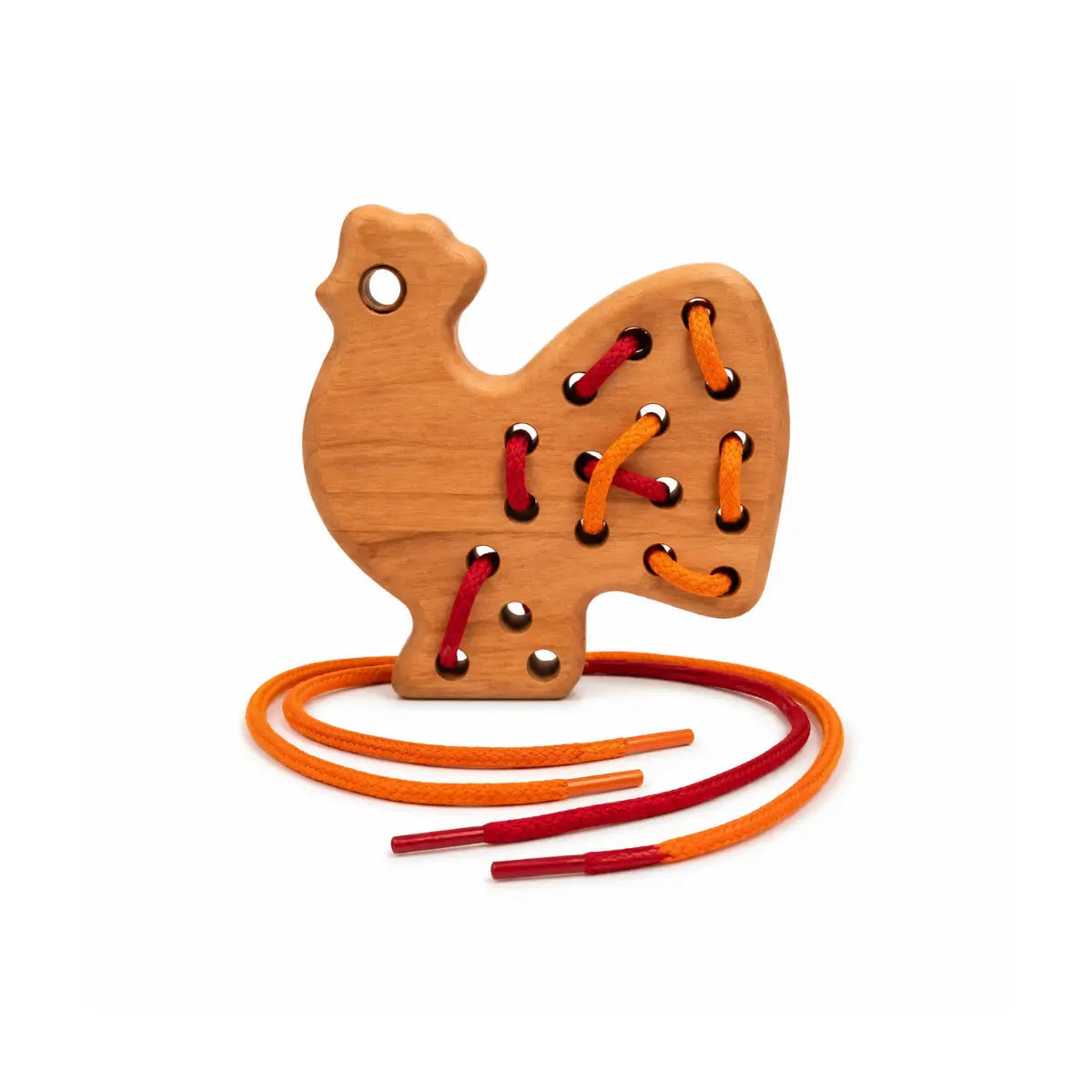 BAJO wooden lacing rooster in cherry wood with red and orange cords on a white background