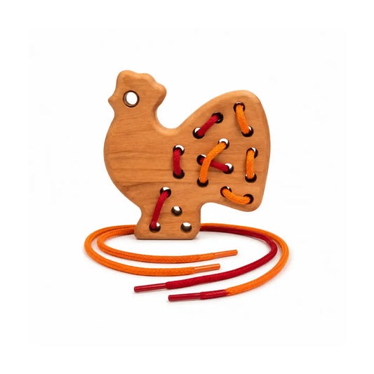 BAJO wooden lacing rooster in cherry wood with red and orange cords on a white background
