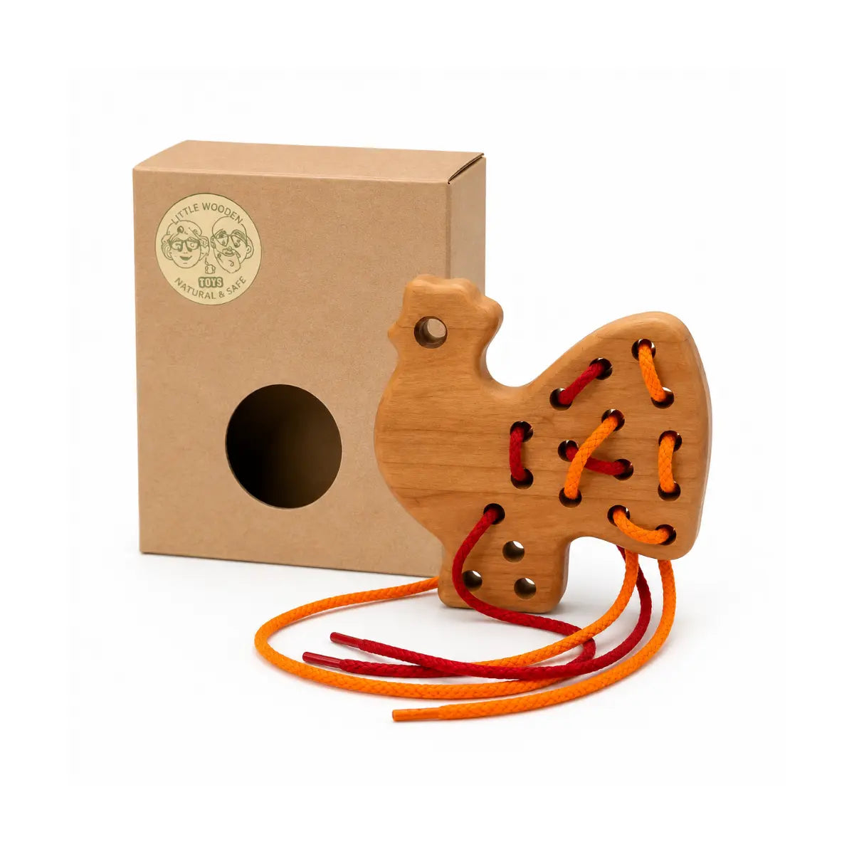 BAJO cherry wood lacing rooster with colorful cords displayed beside its cardboard packaging