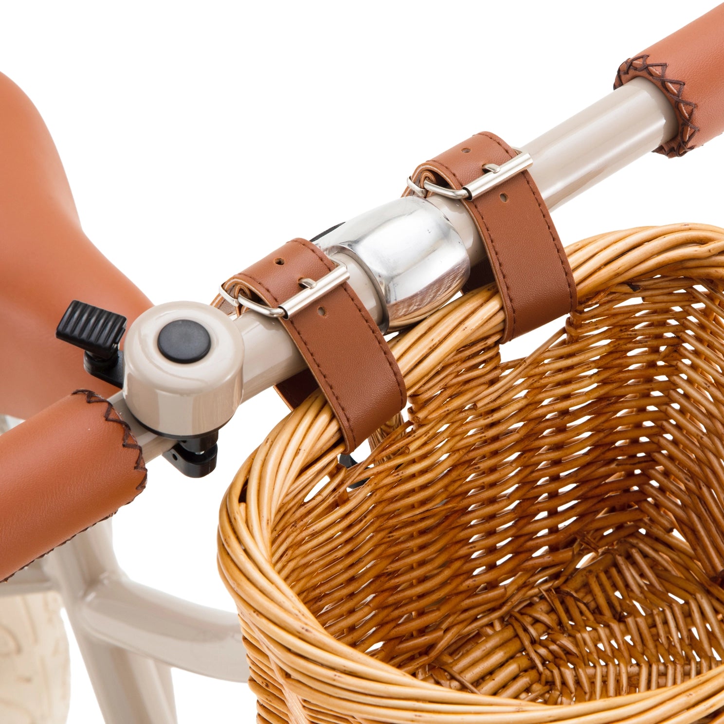 Close-up of a bicycle handlebar with a wicker basket attached, on a white background.