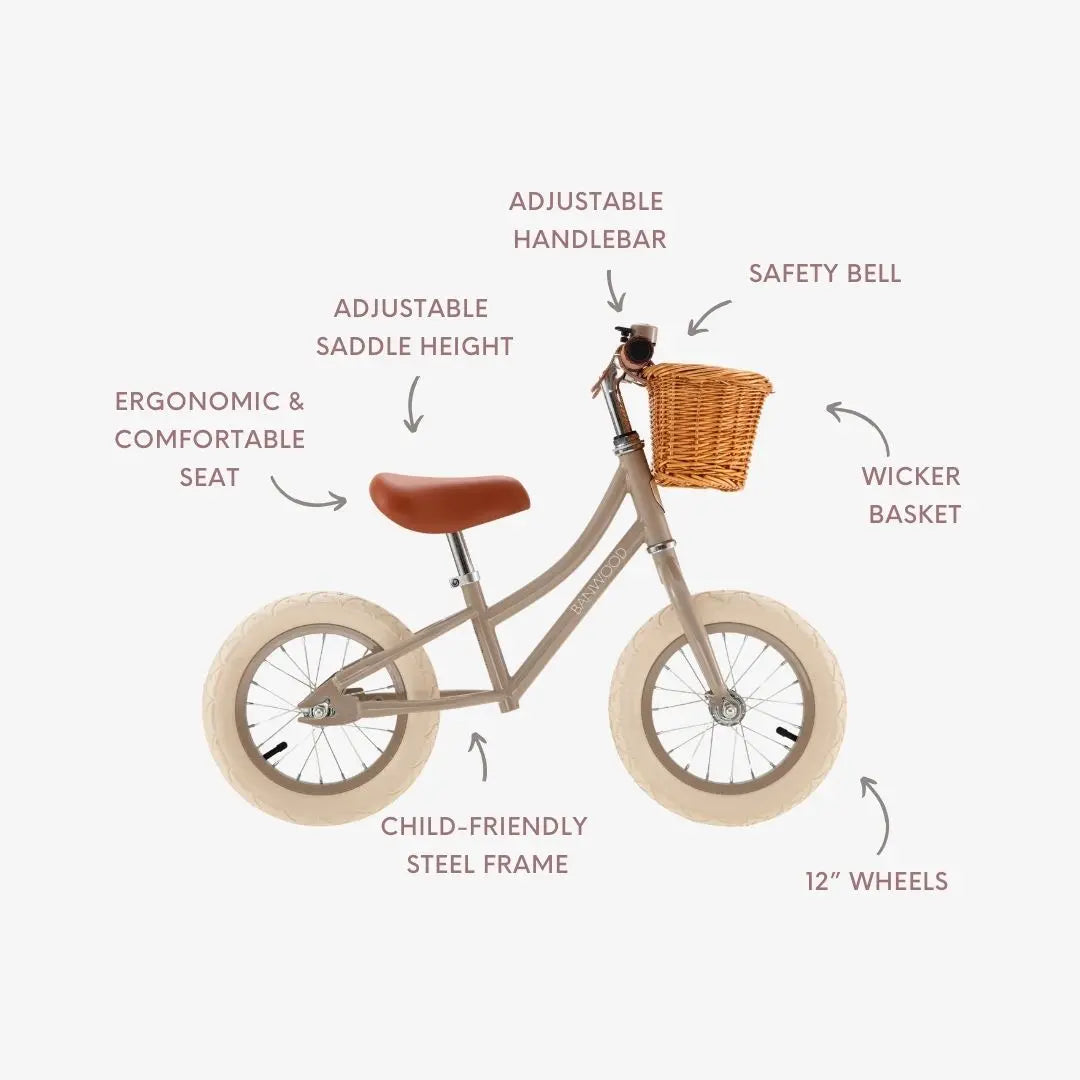 Children's bicycle with labeled features on a white background