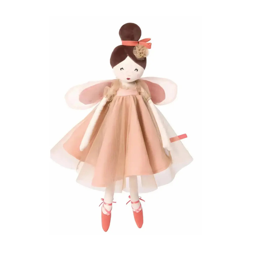 Fairy doll in a pink-peach dress with a floral headband on a white background
