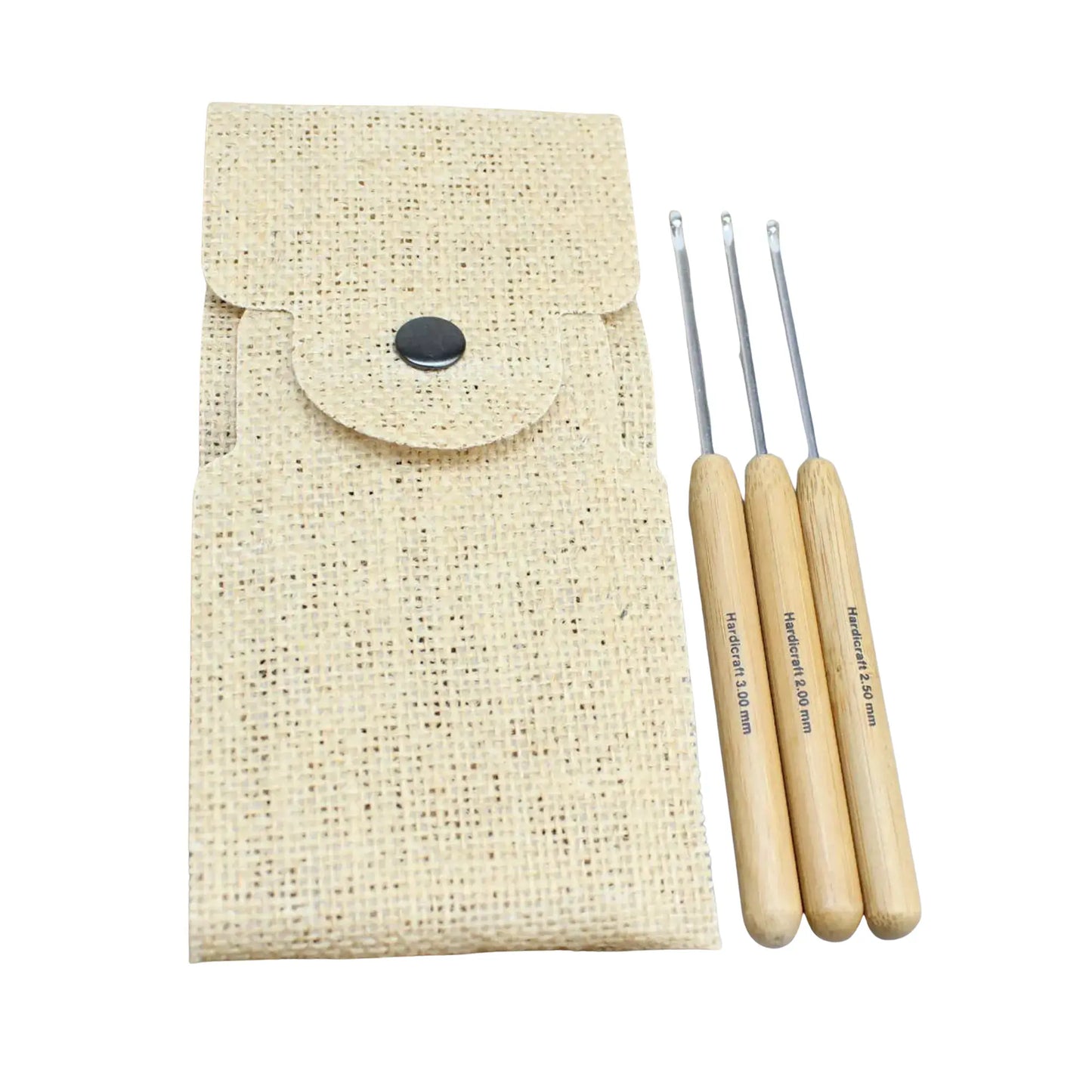 Three bamboo handle aluminum crochet hooks with a natural burlap storage pouch for amigurumi, lacework, and fine crochet