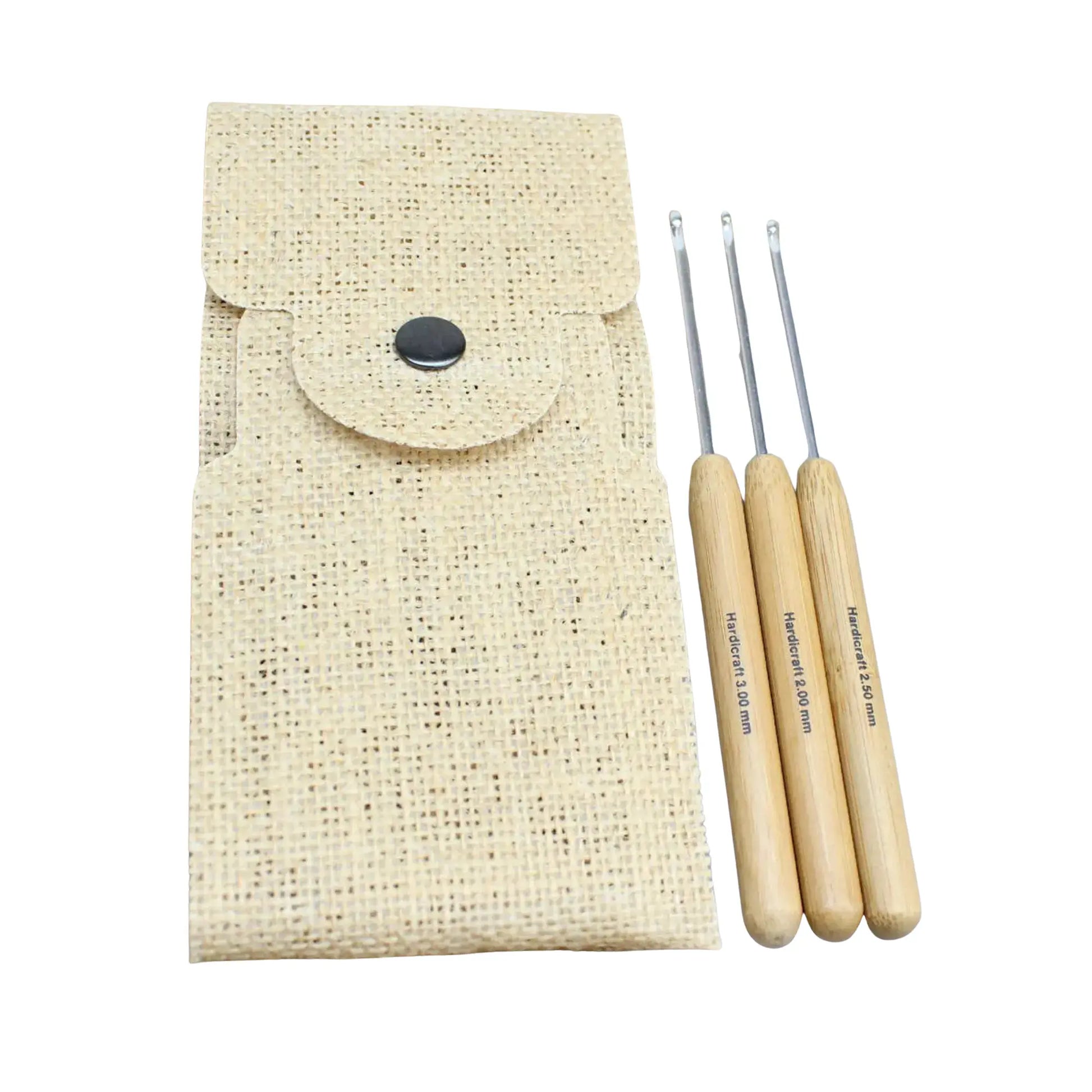 Three bamboo handle aluminum crochet hooks with a natural burlap storage pouch for amigurumi, lacework, and fine crochet