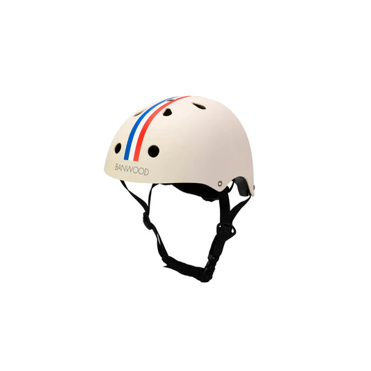 Beige helmet with black straps and red, white, and blue stripes on a white background
