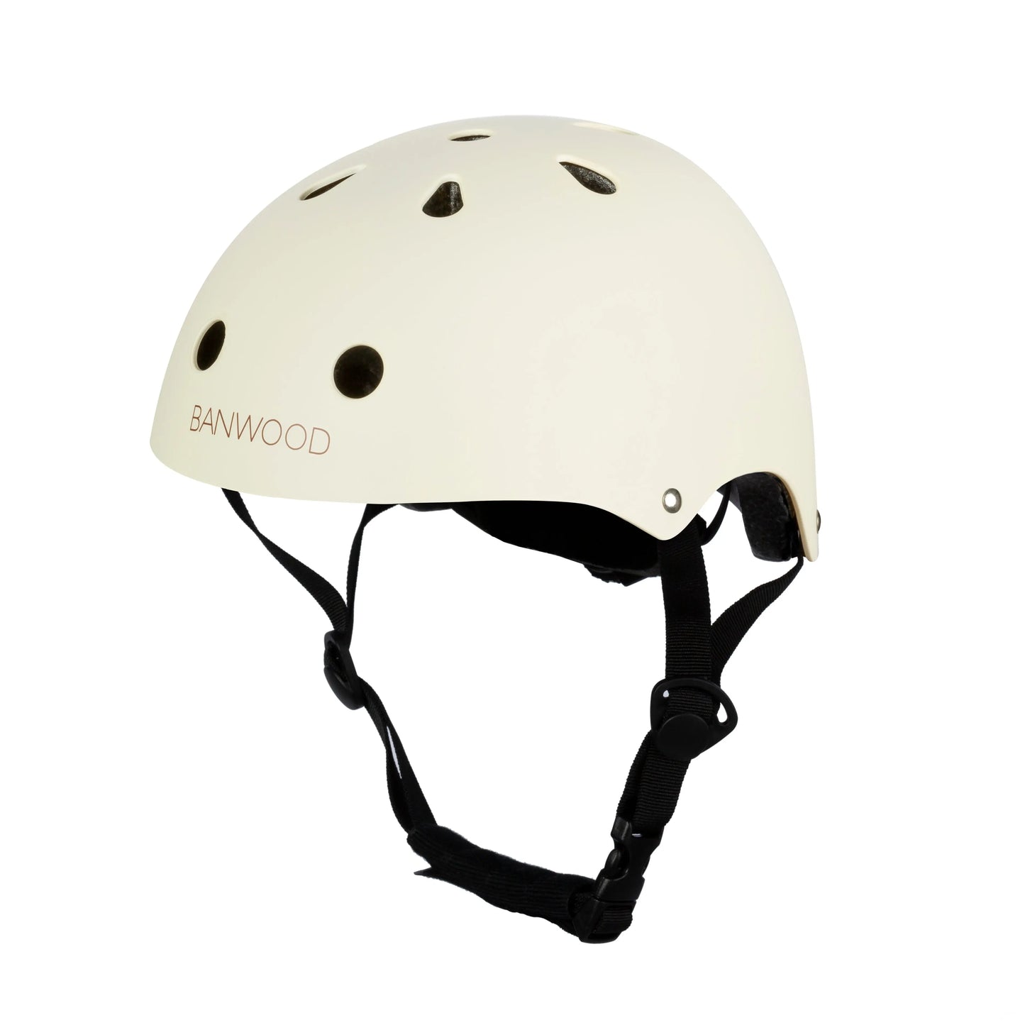 White helmet with black straps on a white background, featuring the brand 'Banwood'.