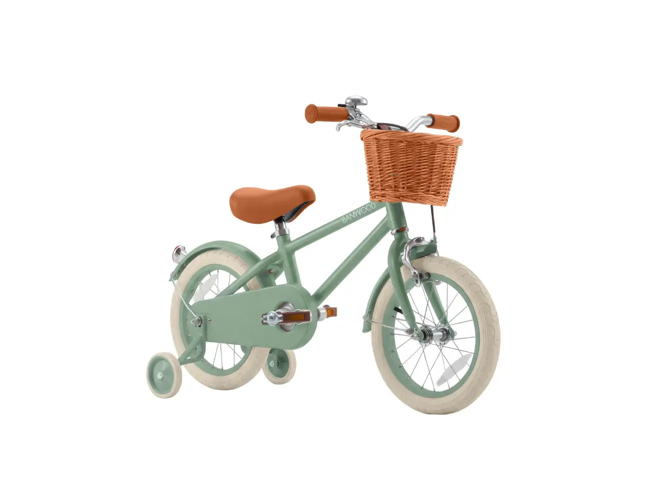 Forest green Banwood 14 inch kids bike with training wheels front view