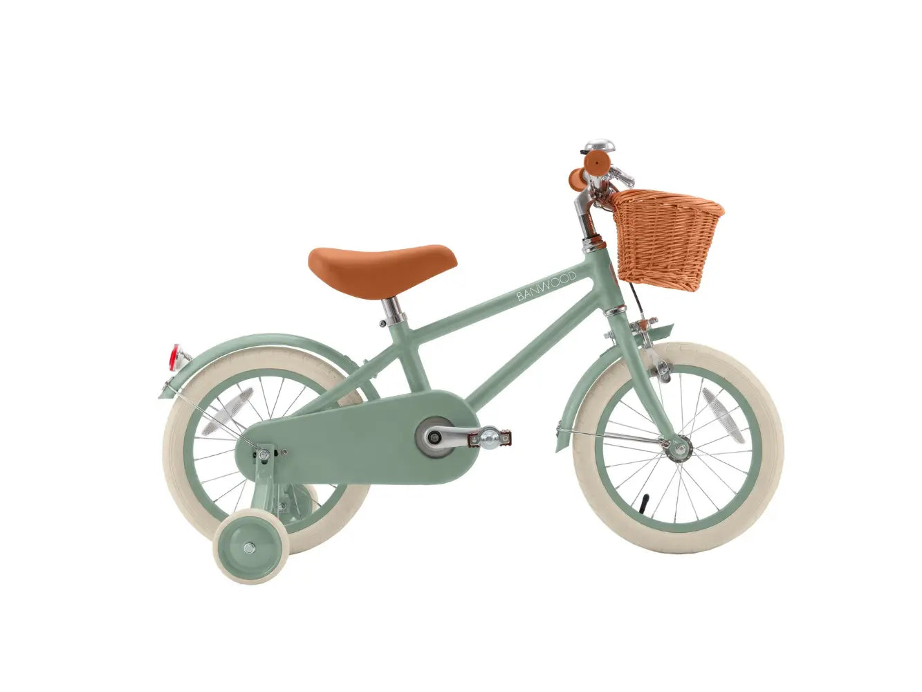 Forest green Banwood 14 inch kids bike with training wheels side view