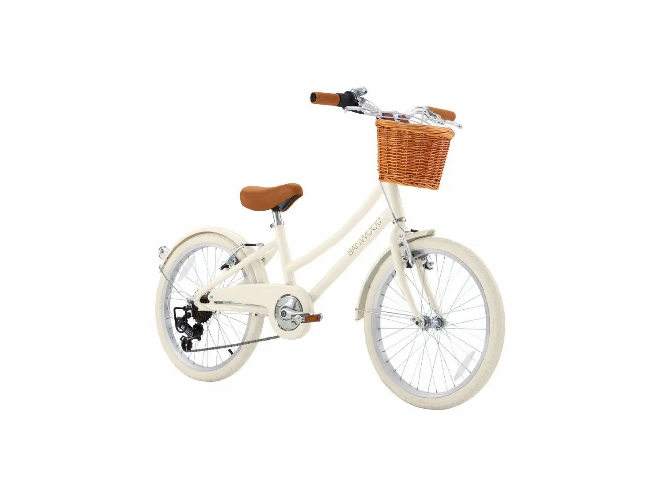 White children's 20 inch bicycle with a brown wicker basket on a white background