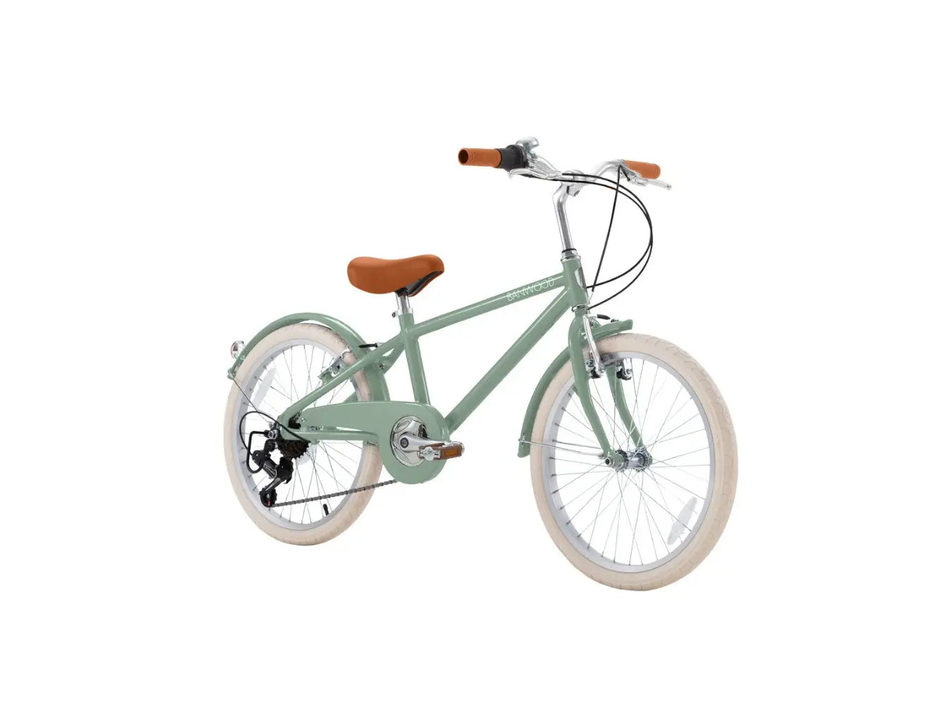 Mint green 20 inch bicycle with brown seat on a white background